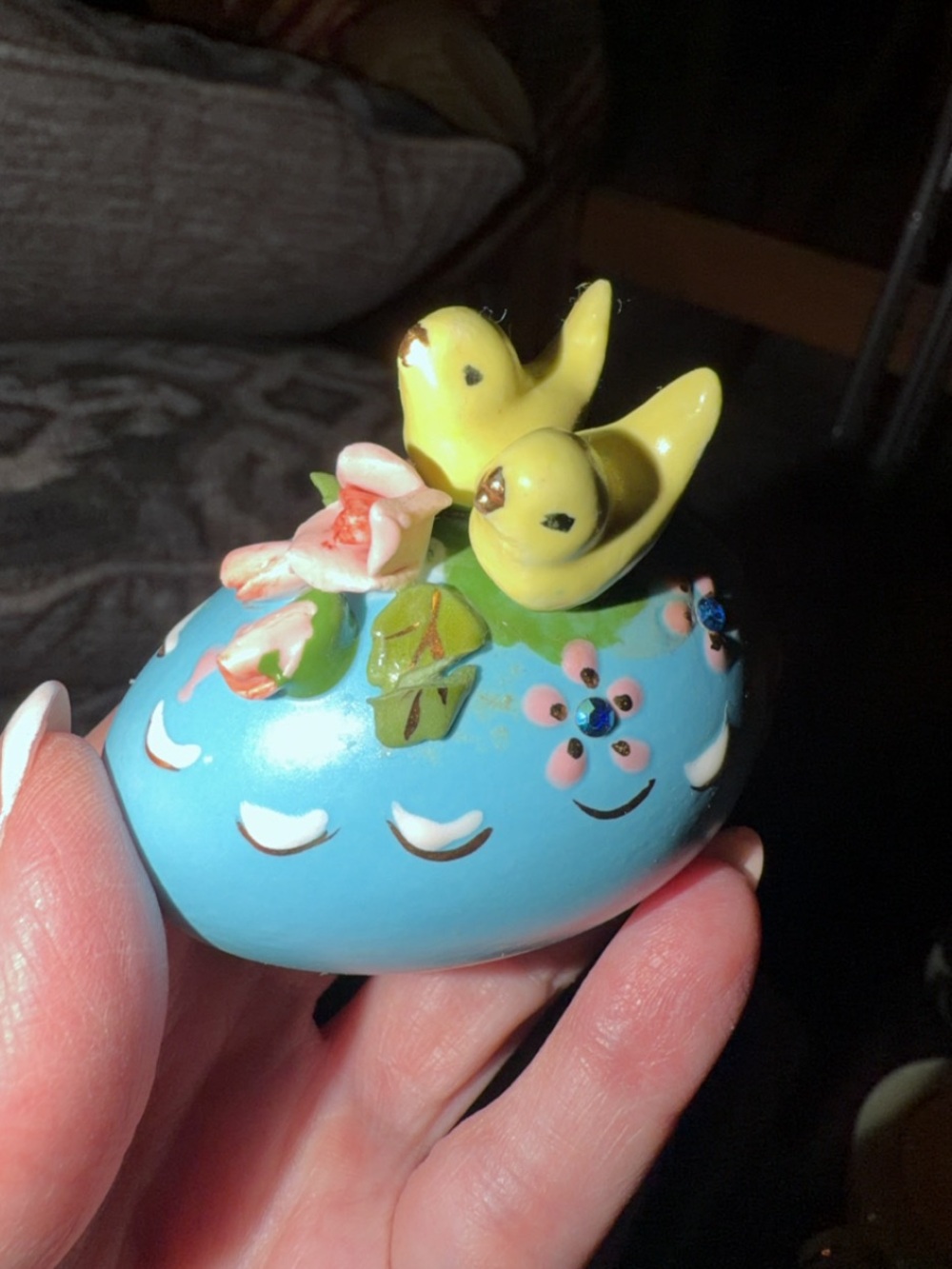 Blue Ceramic Hand Painted Bird Nest Figurine with Yellow Birds - Decor